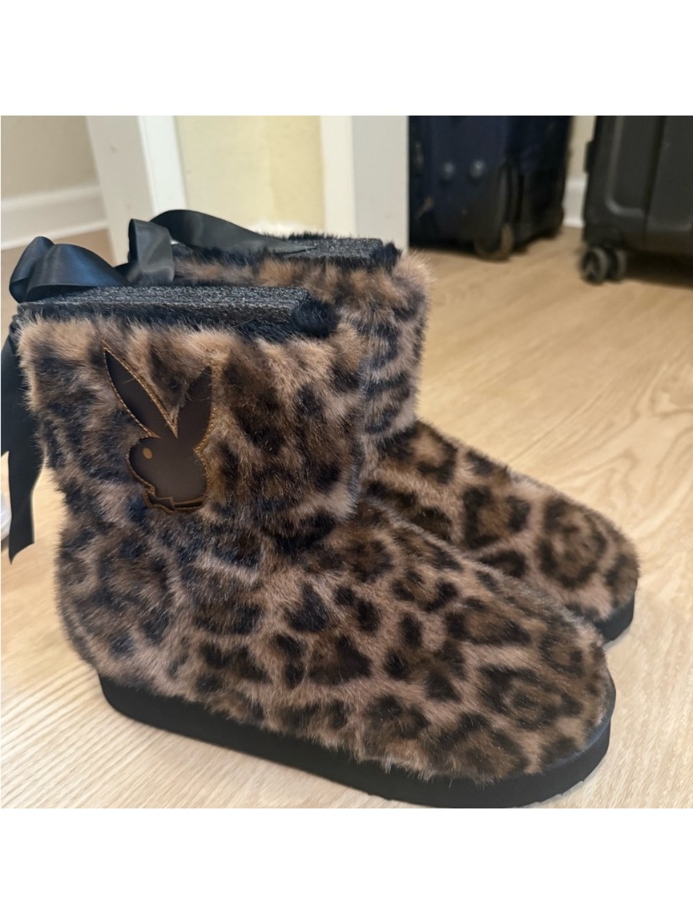 PLAYBOY Leopard Print Faux Fur Boot Slippers - Brown & Black